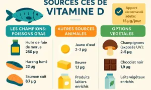 Sources de vitamine D : poissons gras, jaune d'œuf, champignons UV. Apport recommandé 15 µg/jour.