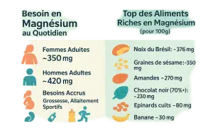 Apport magnesium : besoins quotidiens pour femmes et hommes, et aliments riches comme les noix du Brésil, amandes, épinards.
