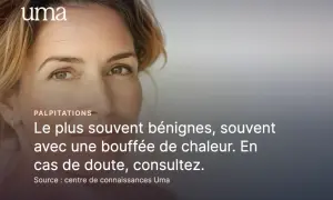Portrait d'une femme souriante, avec le texte "Le plus souvent bénignes, souvent avec une bouffée de chaleur. En cas de doute, consultez.