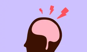 Silhouette d'une tête avec un cerveau rose et des éclairs rouges symbolisant des maux de tête.