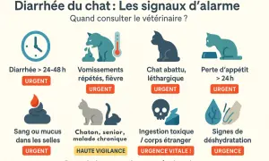 Signes d'alerte pour la diarrhée du chat : vomissements, perte d'appétit, léthargie, sang, ingestion toxique, déshydratation. Une diarrhée fulgurante nécessite une consultation vétérinaire immédiate.