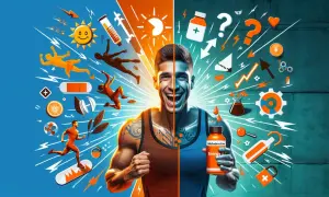 Un homme tient une bouteille d'énergie, mais le danger de la maltodextrine est suggéré par des symboles de questions et des éclairs.
