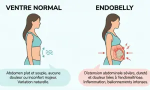 Ventre normal vs. endobelly : distension, douleur et inflammation dues à l'endométriose, affectant l'humeur.