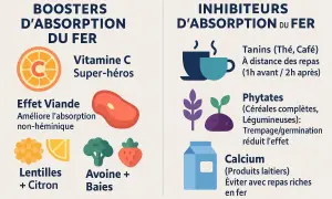 Boosters et inhibiteurs d'absorption du fer : vitamine C, viande, lentilles, avoine, baies, tanins, phytates, calcium. Le fer héminique est mieux absorbé.