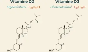 Comparaison des structures chimiques de la vitamine D2 (ergocalciférol) et de la vitamine D3 (cholécalciférol), illustrant la différence entre vitamine d et d3.