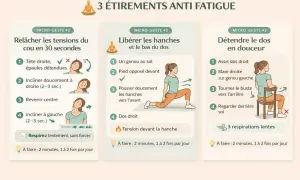 3 étirements pour comment ne plus être fatigué en 5 minutes : relâcher le cou, libérer les hanches et détendre le dos.