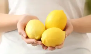 Trois citrons jaunes brillants tenus dans des mains, parfaits pour une cure détox du citron pour le foie.