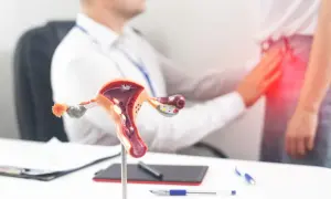 Modèle anatomique de l'utérus et des ovaires, avec un médecin examinant une patiente souffrant de douleurs pelviennes, suggérant des symptômes de maladie pelvienne inflammatoire.