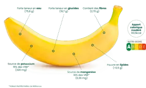 Une banane jaune, riche en eau, glucides et fibres, source de potassium et manganèse, avec un apport calorique modéré et un Nutri-Score A.