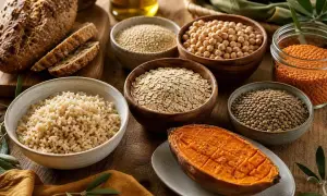 Assortiment de céréales, légumineuses et patate douce. Une aide visuelle pour votre liste des glucides à éviter.