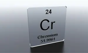 Plaque métallique "Chromium" (Cr), numéro atomique 24. Attention aux effets secondaires des compléments alimentaires à base de chrome.