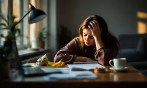 Une jeune femme, accablée par un coup de fatigue soudain, se tient la tête devant ses documents. Bananes et café à proximité.