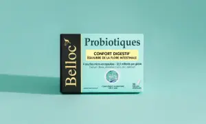 Boîte de probiotiques Belloc pour le confort digestif et l'équilibre de la flore intestinale, aidant à lutter contre la dysbiose intestinale. 30 gélules végétales.