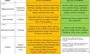 Tableau du régime FODMAP : aliments à éviter et alternatives pauvres en FODMAP pour chaque étape.
