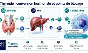 Schéma de la conversion hormonale thyroïdienne. L'iode est essentiel aux bienfaits de la thyroïde, permettant la transformation de T4 en T3 active pour les cellules.