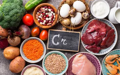 Assiette de foie, poulet, crevettes, œufs, lentilles, haricots, brocolis, tomates, betteraves, pommes de terre, concombre, et un tableau noir avec "Cr" pour les chrome bienfaits.