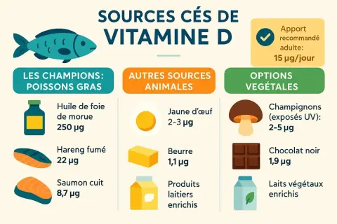 Sources de vitamine D : poissons gras, jaune d'œuf, champignons UV. Apport recommandé 15 µg/jour.