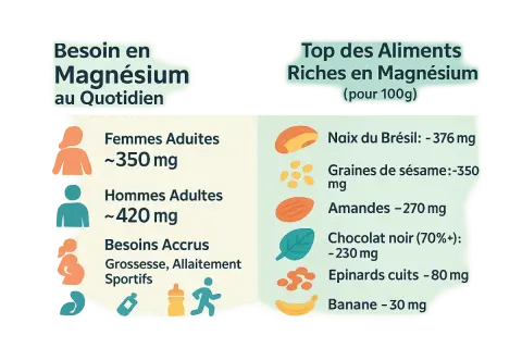 Apport magnesium : besoins quotidiens pour femmes et hommes, et aliments riches comme les noix du Brésil, amandes, épinards.