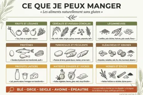Guide pour manger sans gluten : fruits, légumes, viandes, poissons, œufs, produits laitiers, légumineuses, tubercules, oléagineux, graines, herbes et épices.