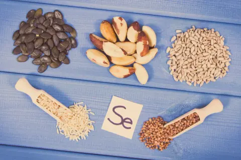 Graines de citrouille, noix du Brésil, graines de tournesol, riz, sarrasin et la carte "Se" symbolisant le sélénium aliment.