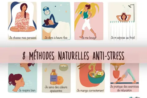 8 méthodes naturelles pour combattre le stress : méditation, sommeil, exercice, douche froide, respiration, aromathérapie, alimentation saine, relaxation.