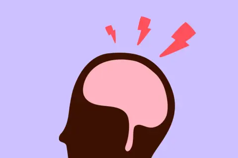 Silhouette d'une tête avec un cerveau rose et des éclairs rouges symbolisant des maux de tête.