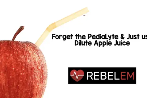 Pomme rouge avec paille, suggérant le jus de pomme dilué pour la diarrhée. Oubliez le Pedialyte.
