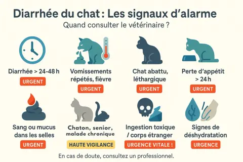 Signes d'alerte pour la diarrhée du chat : vomissements, perte d'appétit, léthargie, sang, ingestion toxique, déshydratation. Une diarrhée fulgurante nécessite une consultation vétérinaire immédiate.