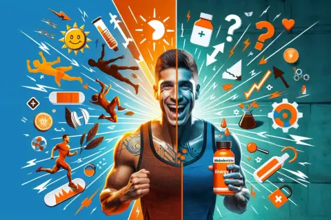 Un homme tient une bouteille d'énergie, mais le danger de la maltodextrine est suggéré par des symboles de questions et des éclairs.
