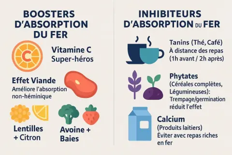 Boosters et inhibiteurs d'absorption du fer : vitamine C, viande, lentilles, avoine, baies, tanins, phytates, calcium. Le fer héminique est mieux absorbé.
