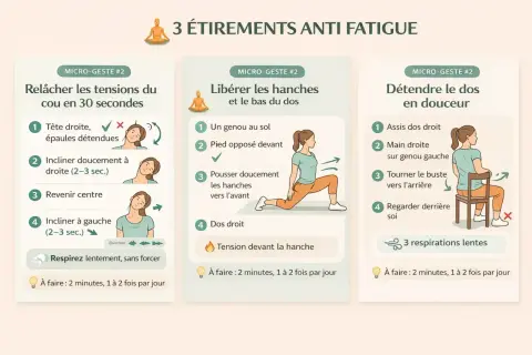 3 étirements pour comment ne plus être fatigué en 5 minutes : relâcher le cou, libérer les hanches et détendre le dos.
