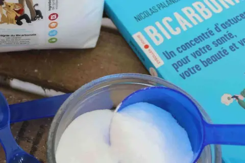 Bicarbonate de soude : un concentré d'astuces pour votre santé, votre beauté et votre digestion. Une cuillère bleue remplit de poudre blanche.