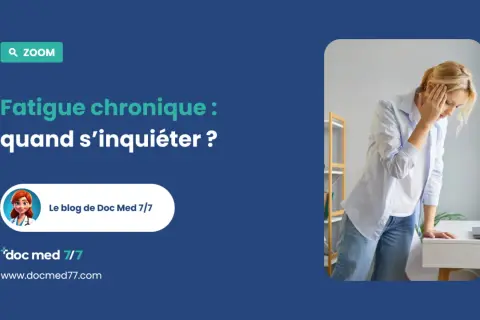 Femme fatiguée, se tenant la tête. Gros coup de fatigue que faire ? Le blog de Doc Med 7/7.