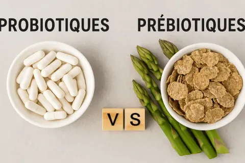 Probiotiques en gélules face à des asperges et des céréales, symbolisant le débat entre probiotique et prébiotique pour une flore intestinale saine.