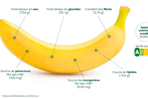 Une banane jaune, riche en eau, glucides et fibres, source de potassium et manganèse, avec un apport calorique modéré et un Nutri-Score A.