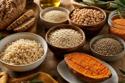 Assortiment de céréales, légumineuses et patate douce. Une aide visuelle pour votre liste des glucides à éviter.