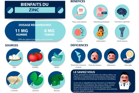 Le zinc est essentiel pour la peau, la fertilité, les fonctions cognitives et la santé osseuse. Découvrez pourquoi prendre du zinc et ses sources.