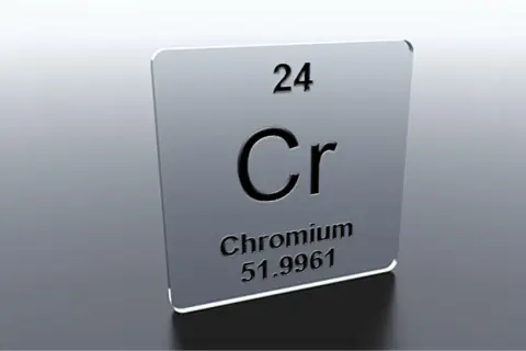 Plaque métallique "Chromium" (Cr), numéro atomique 24. Attention aux effets secondaires des compléments alimentaires à base de chrome.