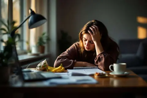 Une jeune femme, accablée par un coup de fatigue soudain, se tient la tête devant ses documents. Bananes et café à proximité.