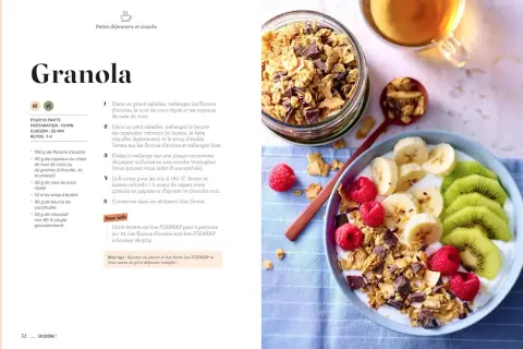 Granola maison aux flocons d'avoine, idéal pour un petit-déjeuner réconfortant et adapté à l'intestin irritable. Servi avec des fruits frais.