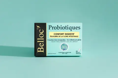 Boîte de probiotiques Belloc pour le confort digestif et l'équilibre de la flore intestinale, aidant à lutter contre la dysbiose intestinale. 30 gélules végétales.