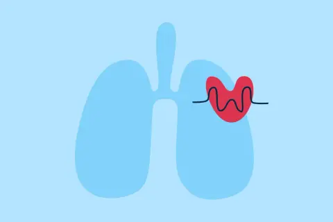 Poumons bleus stylisés avec un cœur rouge et une ligne d'électrocardiogramme. La cohérence cardiaque peut aider à réduire l'anxiété.