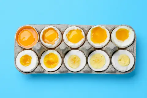 Dix œufs dans une boîte, du cru au dur, montrant la variation de la texture et de la couleur du jaune. Le **calorie œuf** change selon sa cuisson.