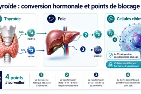 Schéma de la conversion hormonale thyroïdienne. L'iode est essentiel aux bienfaits de la thyroïde, permettant la transformation de T4 en T3 active pour les cellules.