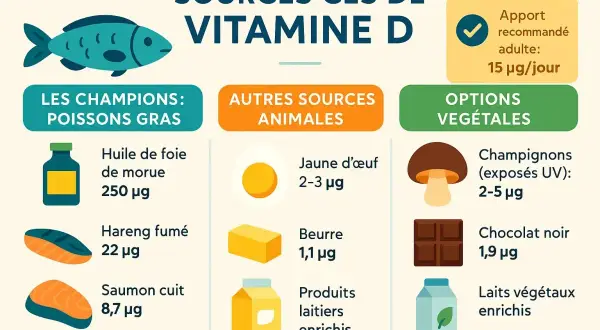 Sources de vitamine D : poissons gras, jaune d'œuf, champignons UV. Apport recommandé 15 µg/jour.