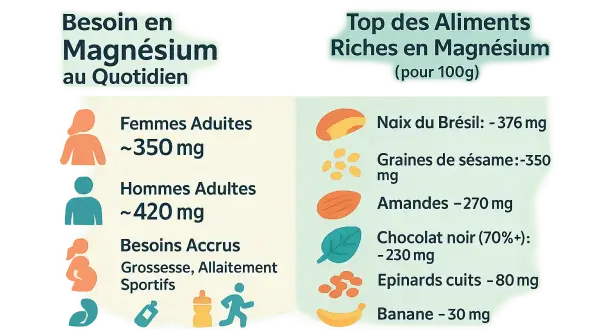 Apport magnesium : besoins quotidiens pour femmes et hommes, et aliments riches comme les noix du Brésil, amandes, épinards.