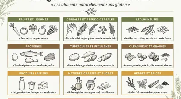 Guide pour manger sans gluten : fruits, légumes, viandes, poissons, œufs, produits laitiers, légumineuses, tubercules, oléagineux, graines, herbes et épices.
