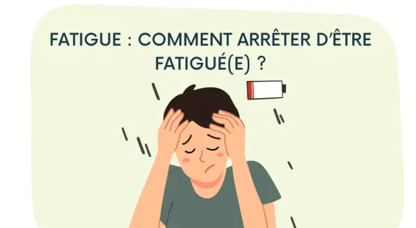Un jeune homme se tient la tête, l'air épuisé. Une batterie faible symbolise sa fatigue extrême cause.