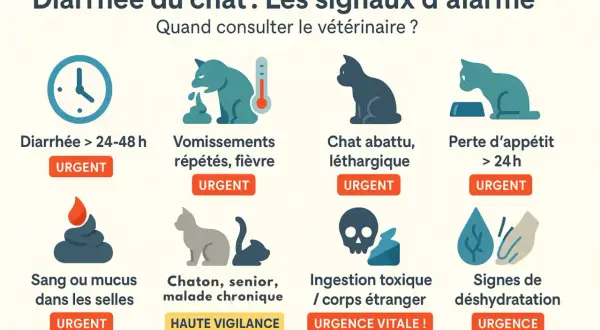 Signes d'alerte pour la diarrhée du chat : vomissements, perte d'appétit, léthargie, sang, ingestion toxique, déshydratation. Une diarrhée fulgurante nécessite une consultation vétérinaire immédiate.