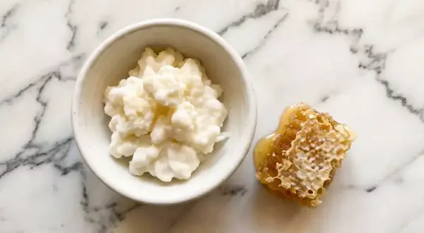 Un bol de kéfir crémeux à côté d'un morceau de nid d'abeille dégoulinant de miel. Attention, le kéfir peut présenter un danger s'il n'est pas préparé correctement.